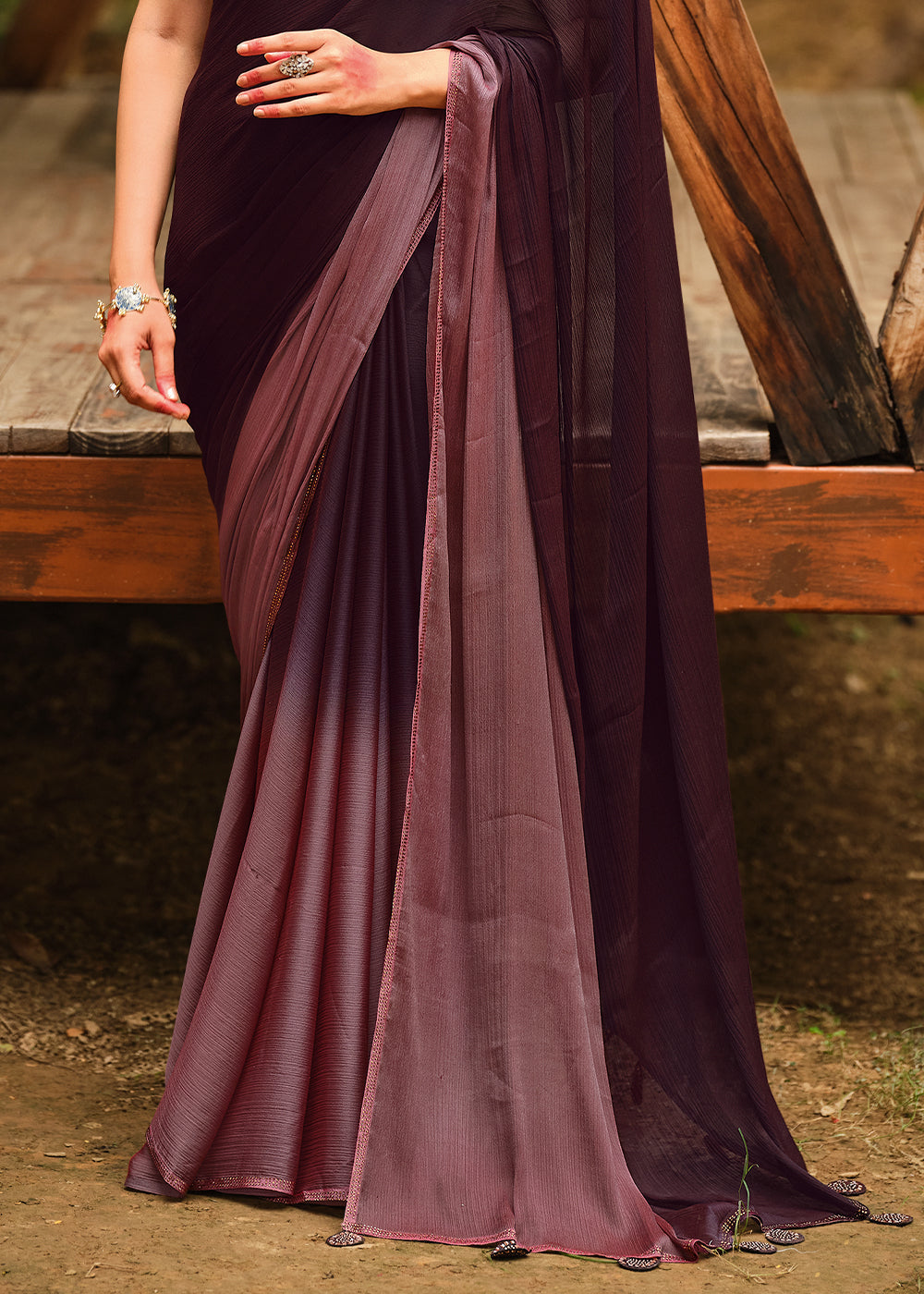 Buy MySilkLove Tamarind Brown  and Purple Chiffon Saree With Printed  Blouse Online