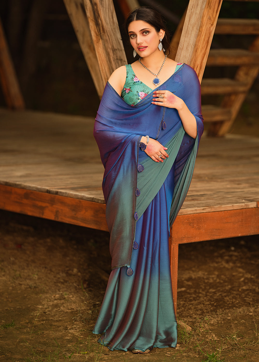 Buy MySilkLove Indigo Blue and Green Chiffon Saree With Printed  Blouse Online