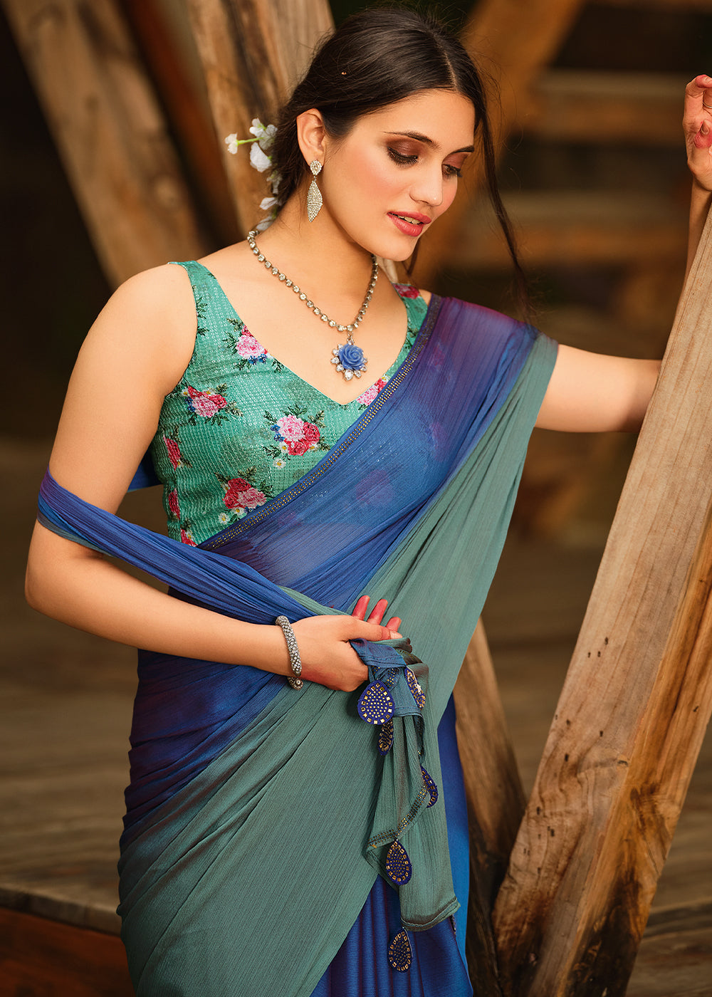 Buy MySilkLove Indigo Blue and Green Chiffon Saree With Printed  Blouse Online