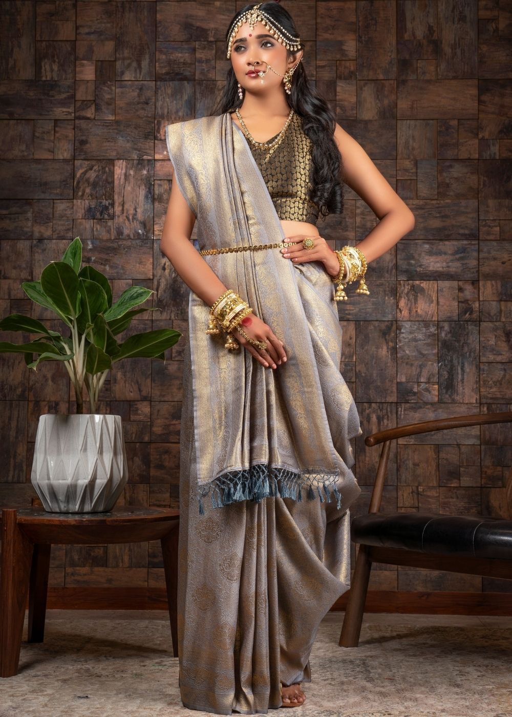 Buy MySilkLove Grey Zari Woven Kanjivaram silk Saree Online