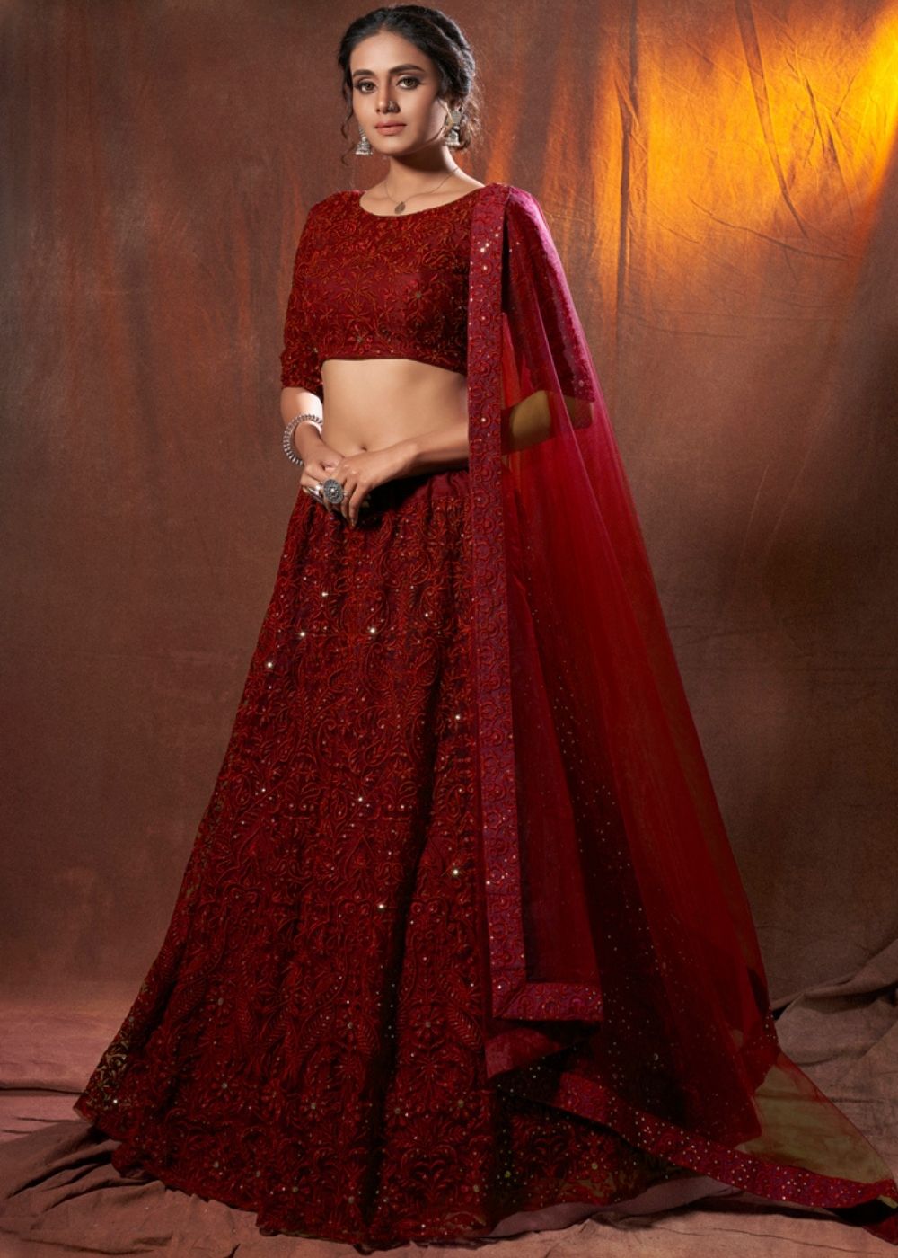 Buy MySilkLove Topaz Red Designer Soft Net Lehenga Choli Online