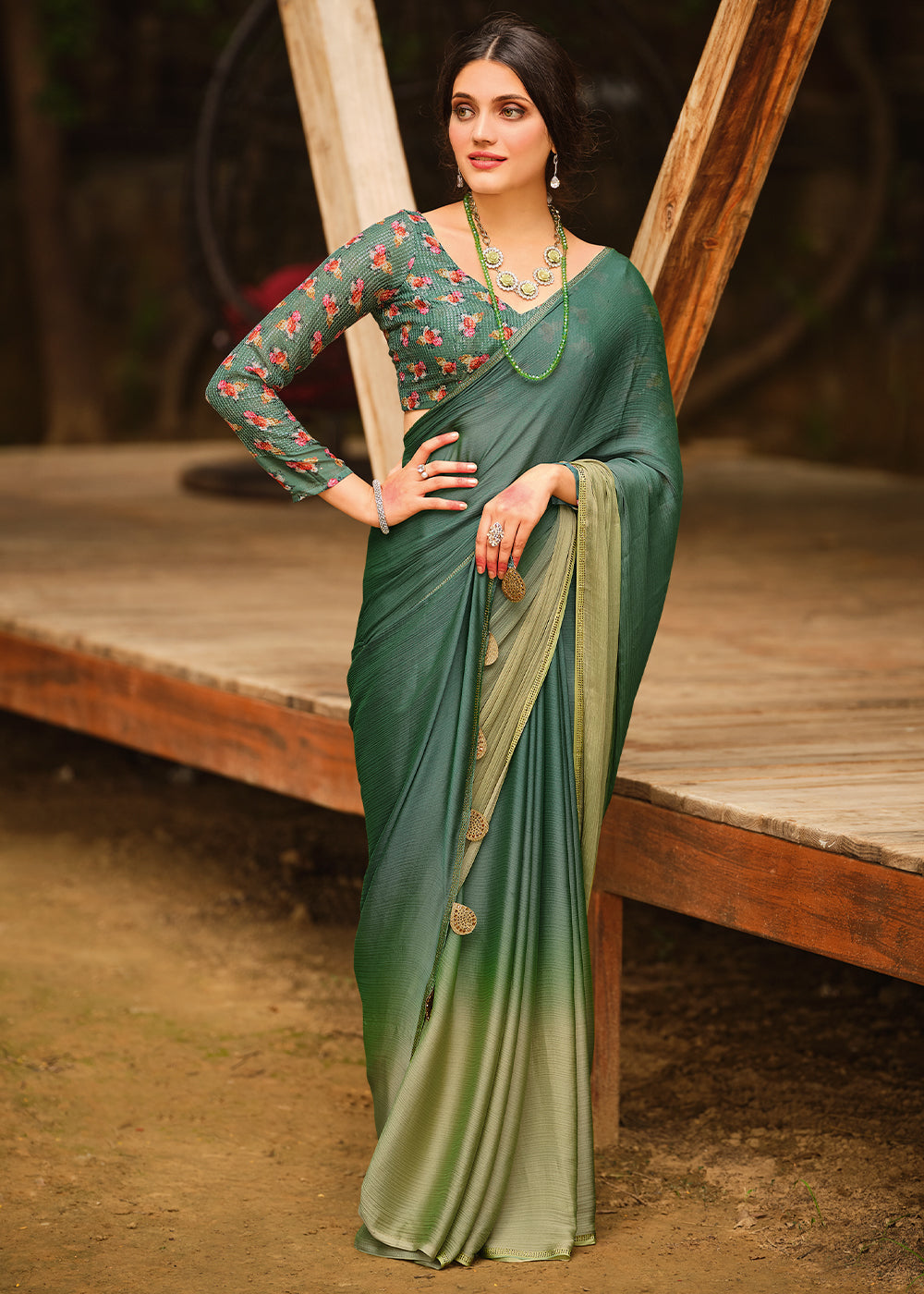 Buy MySilkLove Cactus Green and Light Green Chiffon Saree With Printed  Blouse Online