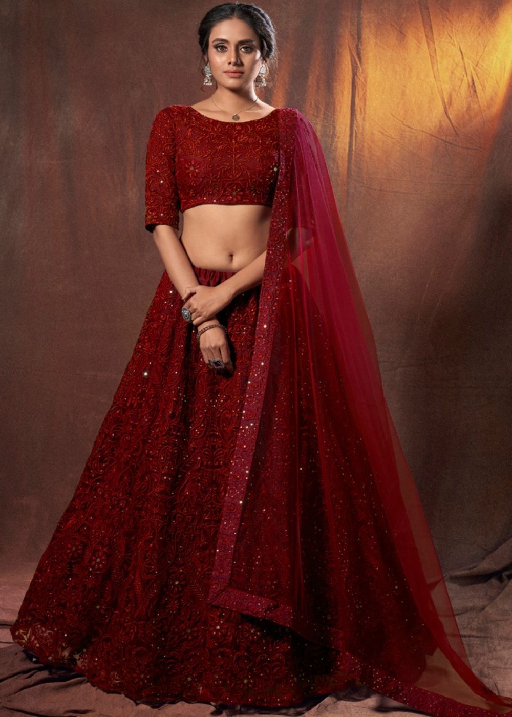 MySilkLove Topaz Red Designer Soft Net Lehenga Choli