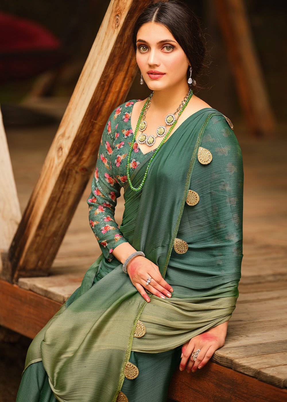 Buy MySilkLove Cactus Green and Light Green Chiffon Saree With Printed  Blouse Online