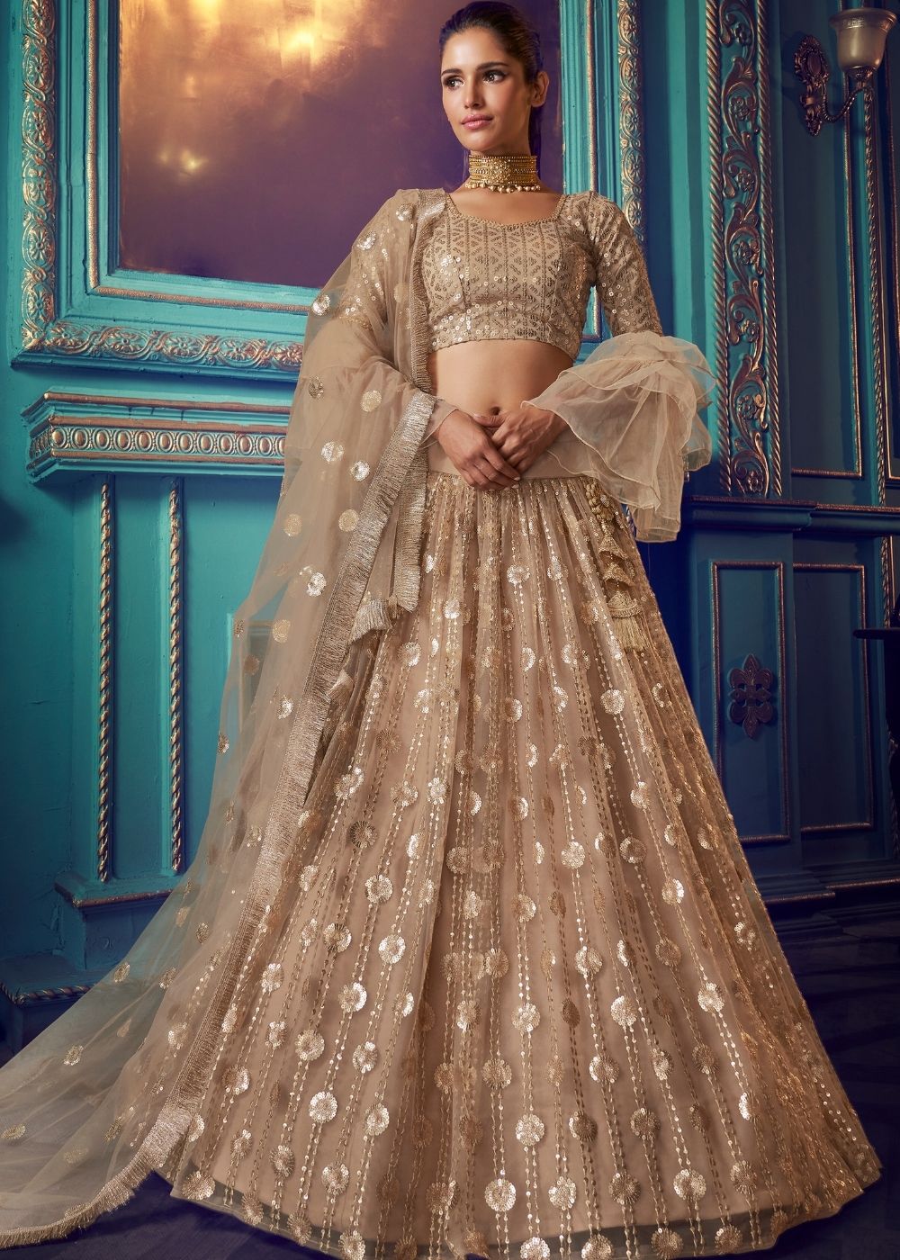 Buy MySilkLove Sandrift Brown Designer Soft Net Lehenga Online