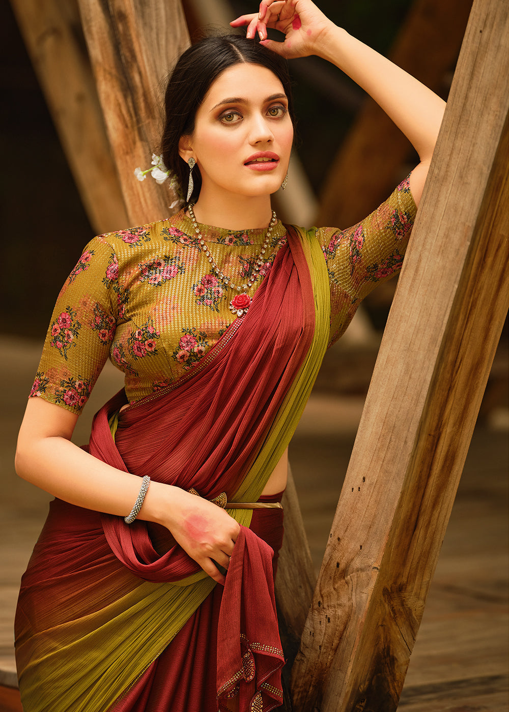 MySilkLove Rebel Red and Green Chiffon Saree With Printed  Blouse