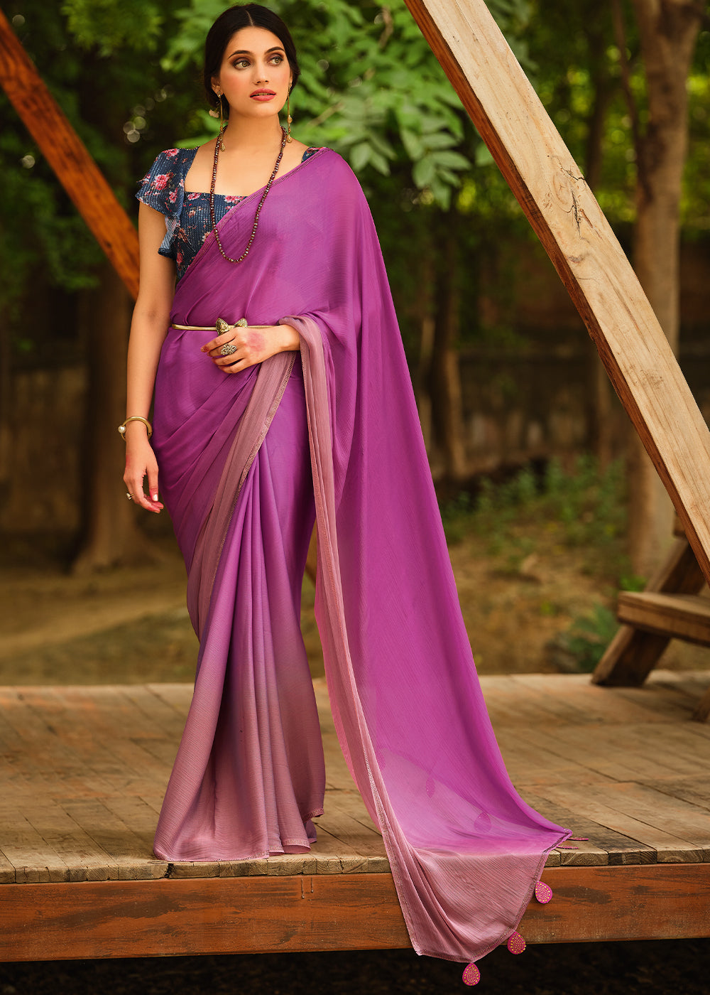 Buy MySilkLove Hopbush Purple and Blue Chiffon Saree With Printed  Blouse Online