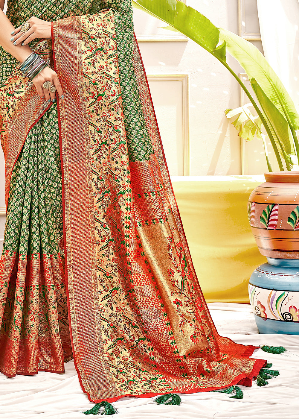 Buy MySilkLove Mantis Green and Red Zari Woven Banarasi Saree Online