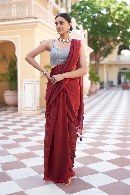 Buy MySilkLove Well Red Handblock Mulmul Cotton Saree Online