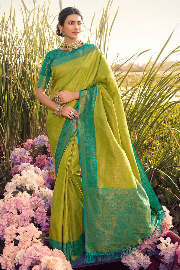 Buy MySilkLove Fern Frond Green and Blue Woven Kanjivaram saree Online