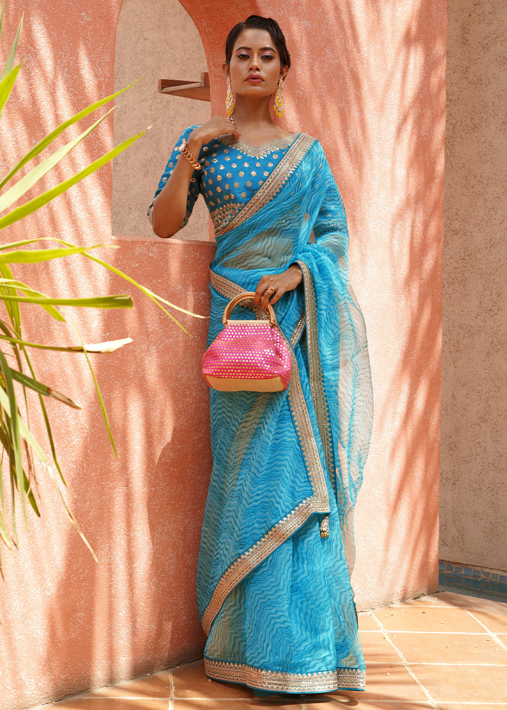 Buy MySilkLove Hippie Blue Lehriya Organza Saree With Embroidered Blouse Online