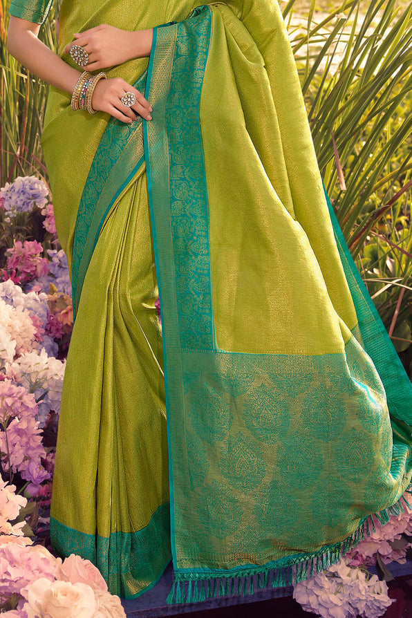 Buy MySilkLove Fern Frond Green and Blue Woven Kanjivaram saree Online