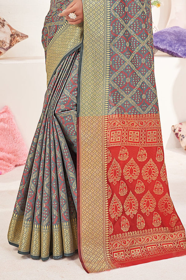 Buy MySilkLove Olive Grey and Red Zari Woven Patola Saree Online