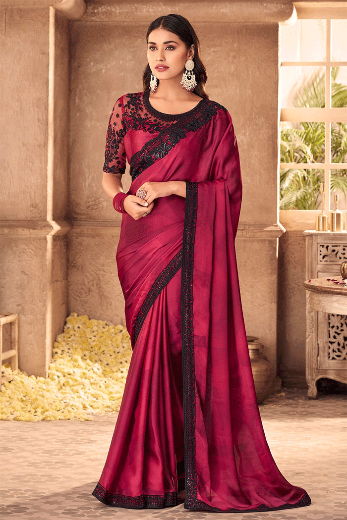 Buy MySilkLove Claret Maroon and Black Designer Partywear Saree Online