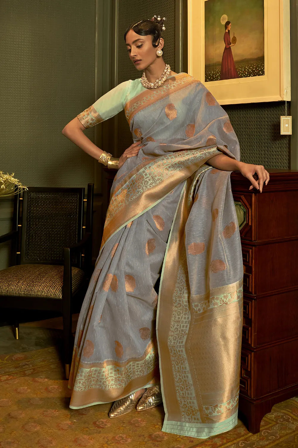 Buy MySilkLove Tapa Grey Copper Zari Woven Linen Saree Online