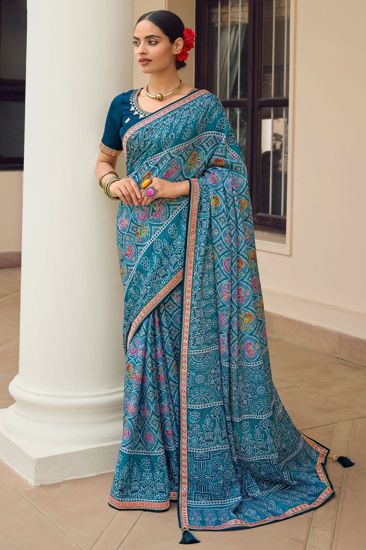 Buy MySilkLove Pewter Blue Patola Printed Saree Online