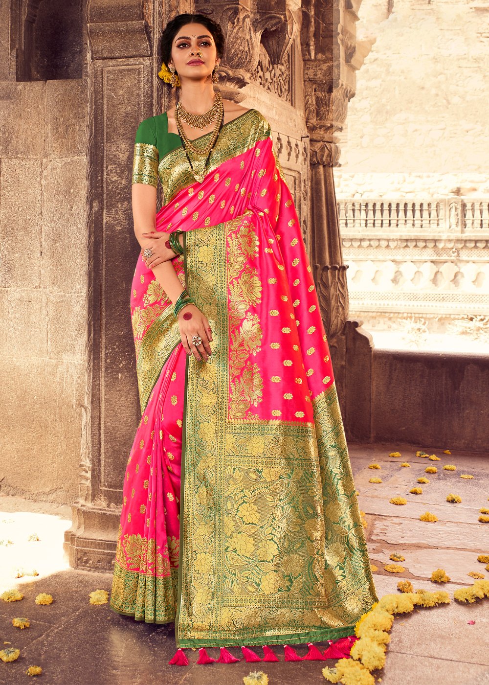 Buy MySilkLove Scarlet Pink Zari Woven Banarasi Saree Online