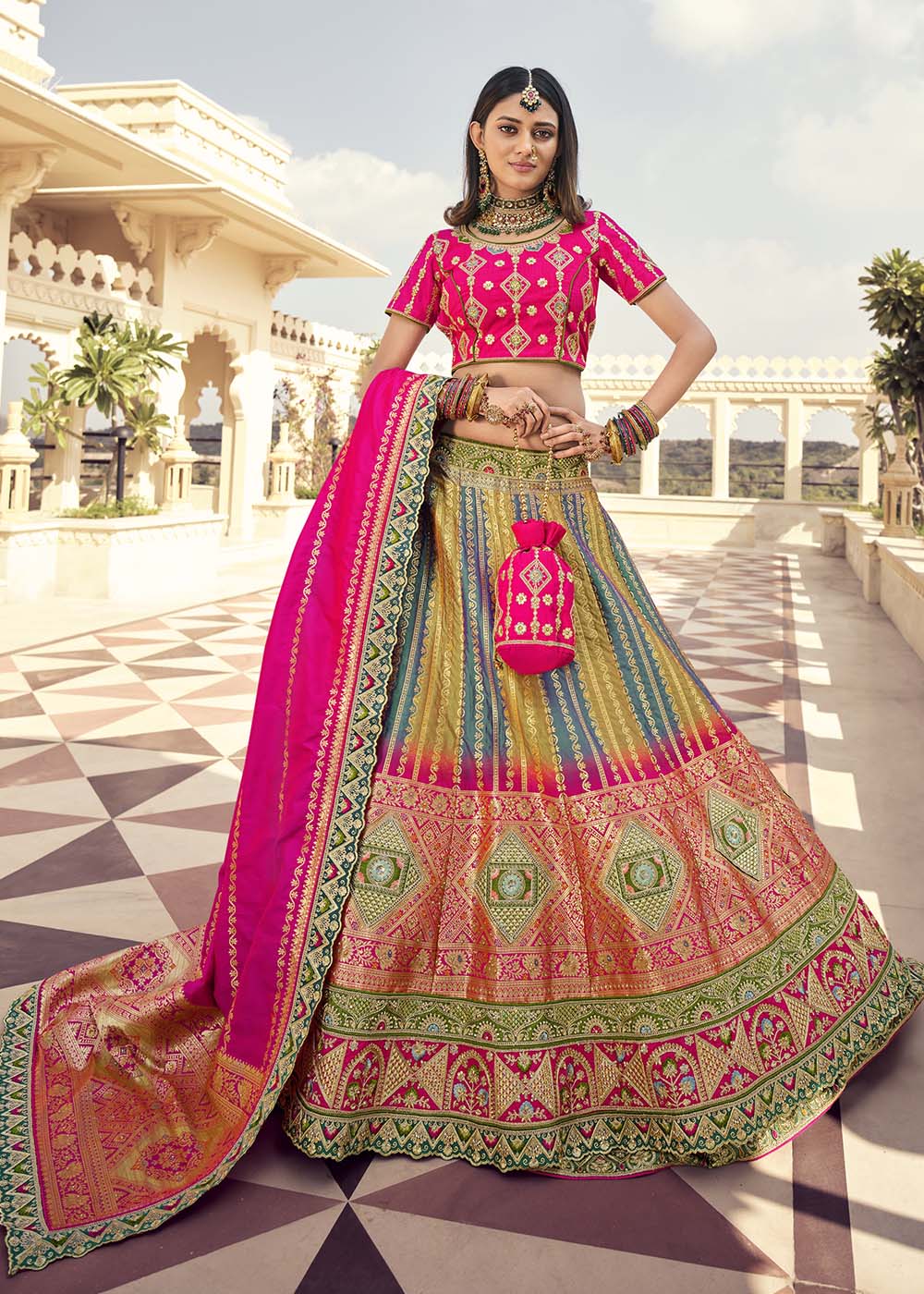 Buy MySilkLove Sark Multi Colour Banarasi Silk Lehenga Choli Online