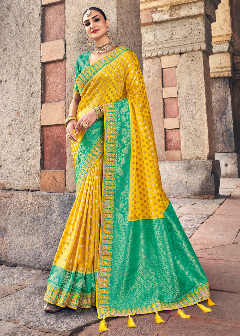 Buy MySilkLove Mustard Yellow and Green Zari Woven Designer Banarasi Saree Online