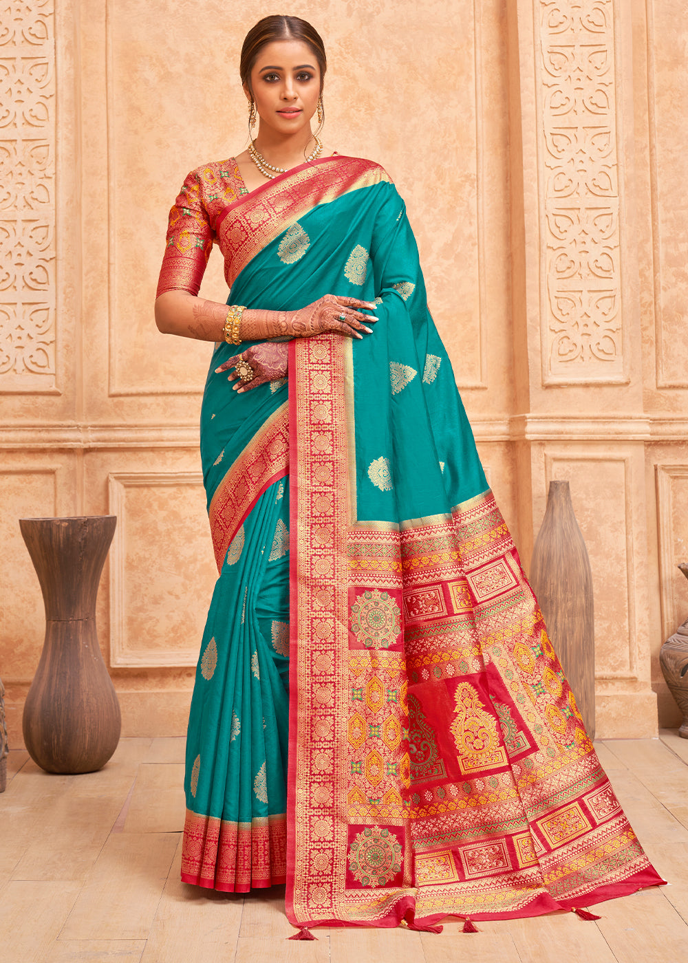 Buy MySilkLove Atoll Blue and Red Zari Woven Banarasi Silk Saree Online