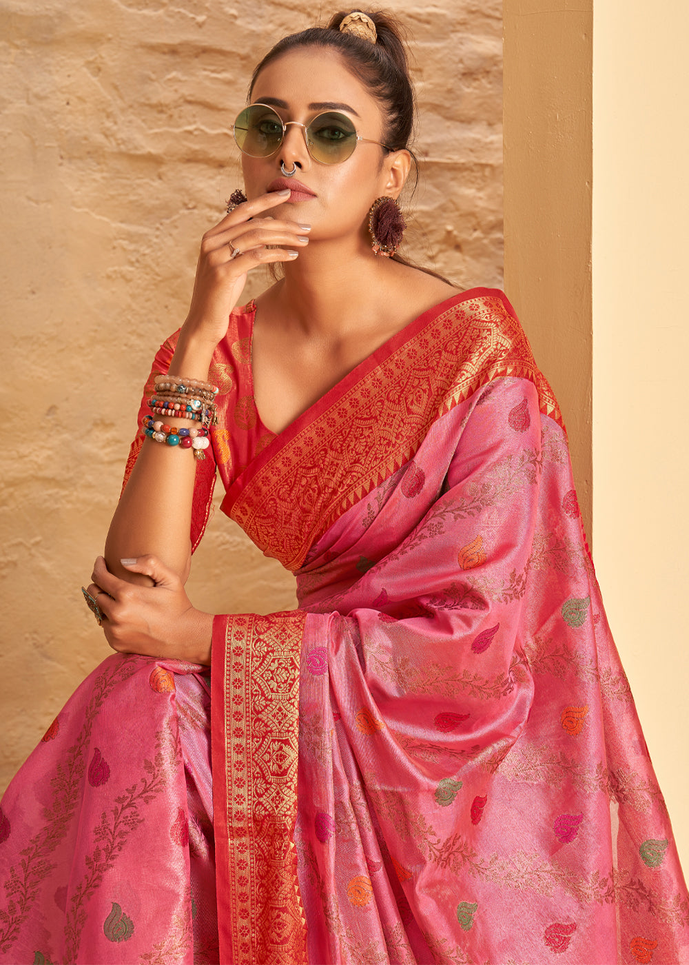 Buy MySilkLove Sundown Pink Woven Banarasi Brocade Silk Saree Online