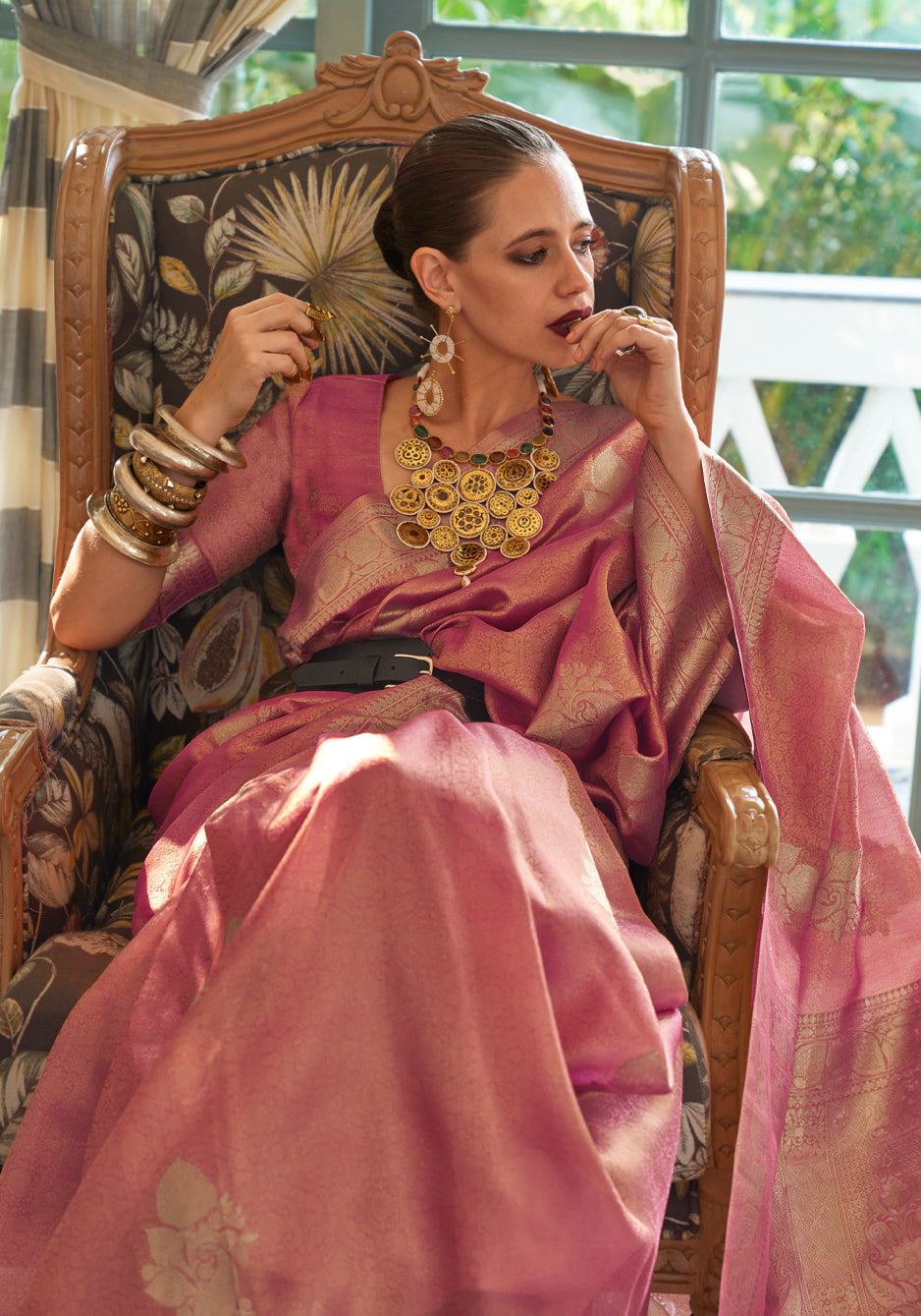 MySilkLove Copper Pink Woven Banarasi Satin Tissue Silk Saree