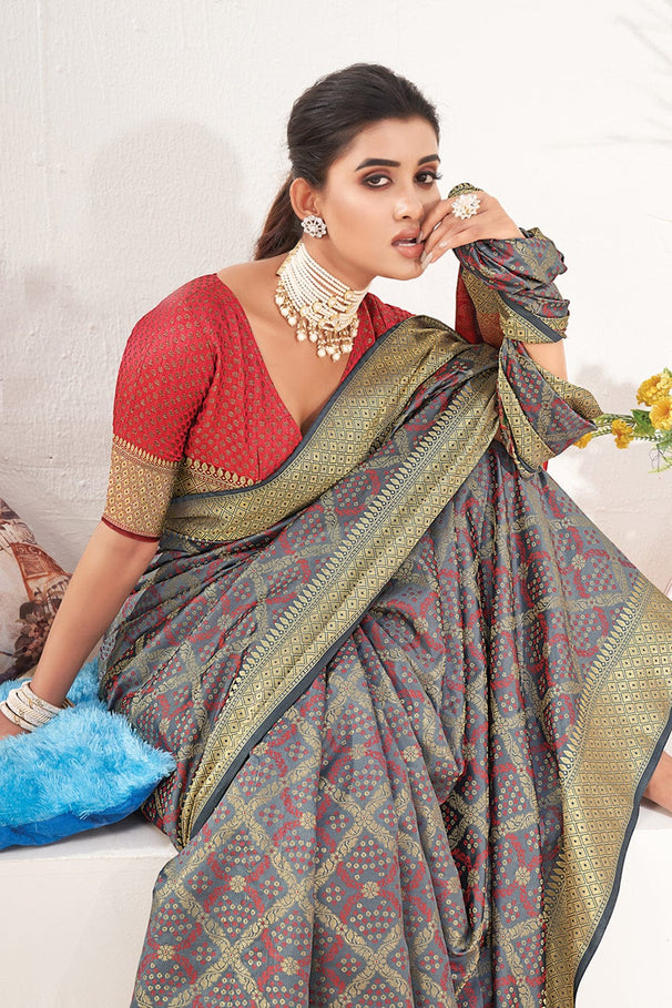 MySilkLove Olive Grey and Red Zari Woven Patola Saree