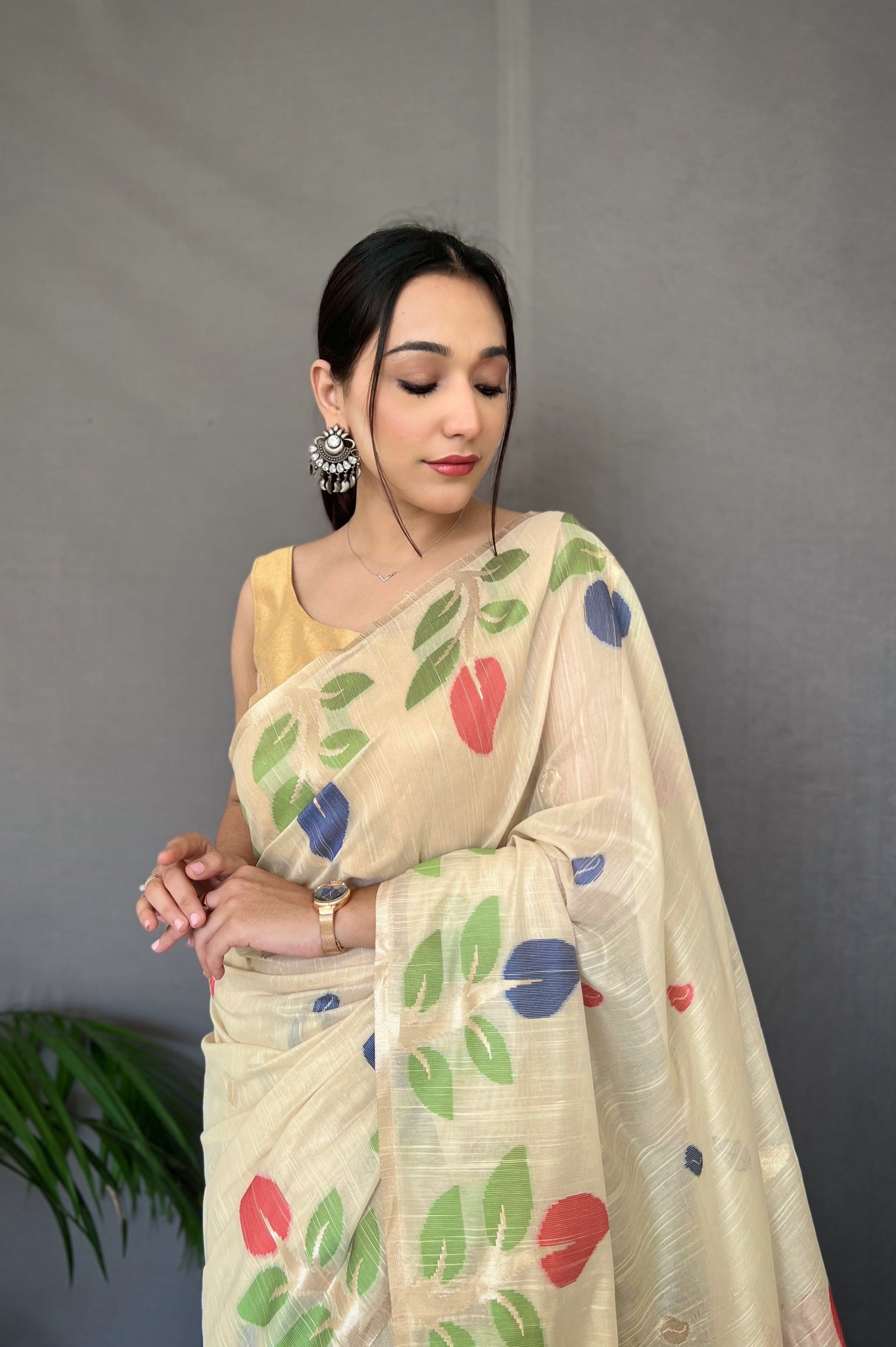 MySilkLove Sidecar Cream Woven Cotton Jamdani Silk Saree