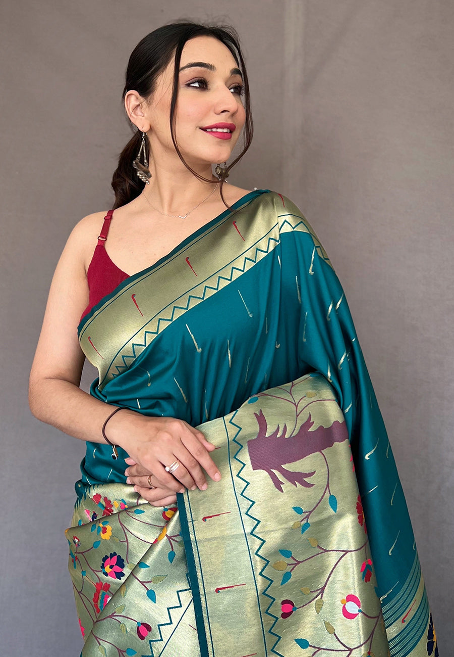 Buy MySilkLove Metallic Seaweed Blue Woven Paithani Silk Saree Online