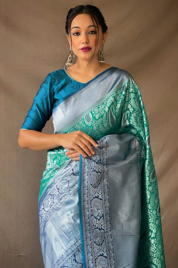 Buy MySilkLove Oxley Blue Kanjivaram Silk Saree Online