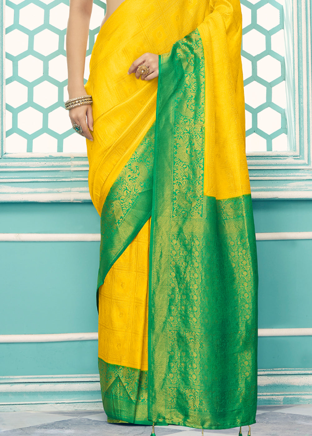 Buy MySilkLove Sunglow Yellow and Green Kanjivaram Saree Online
