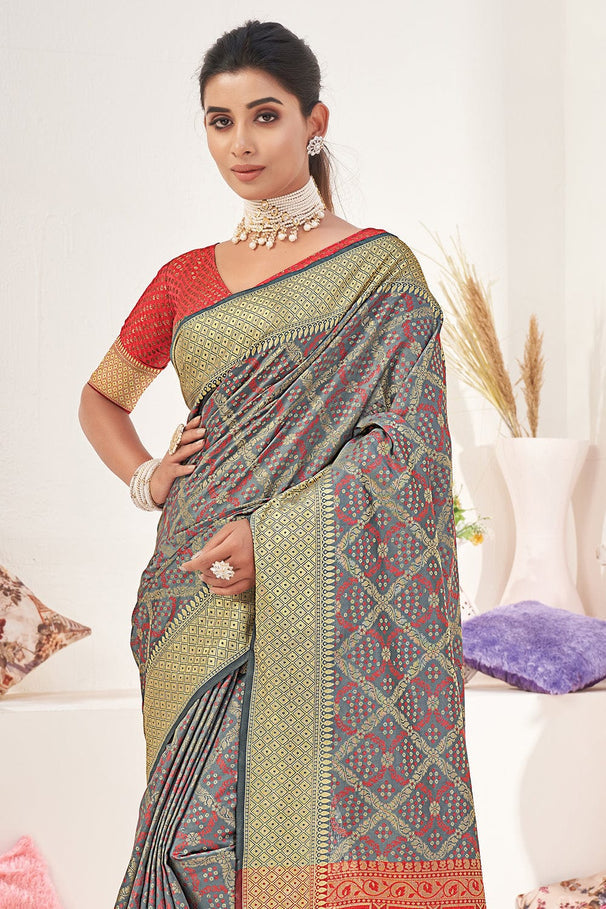 Buy MySilkLove Olive Grey and Red Zari Woven Patola Saree Online