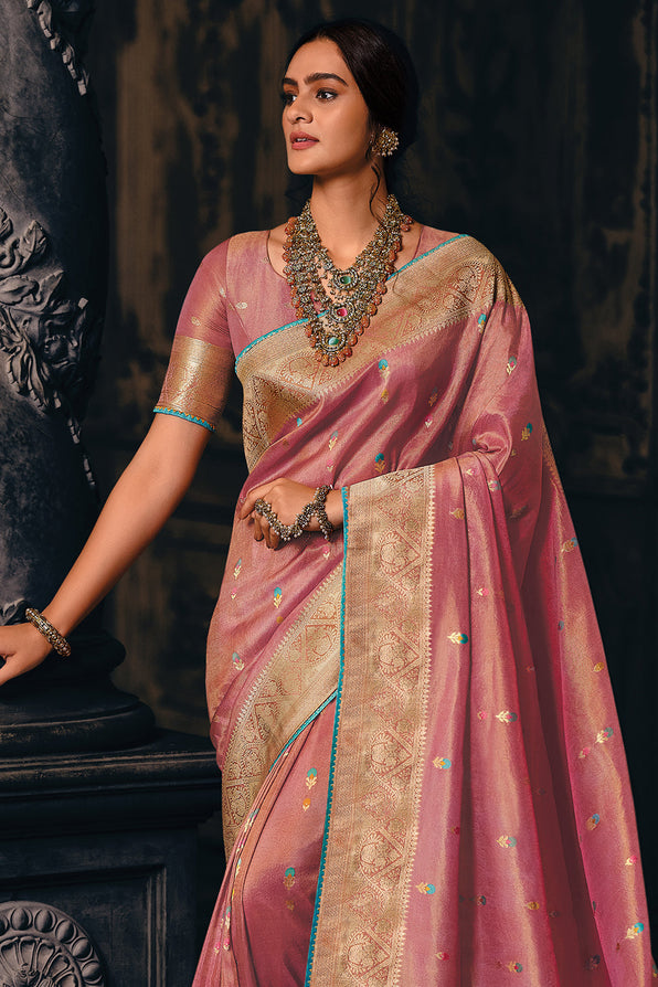 Buy MySilkLove Shimmering Pink Zari Woven Banarasi Saree Online