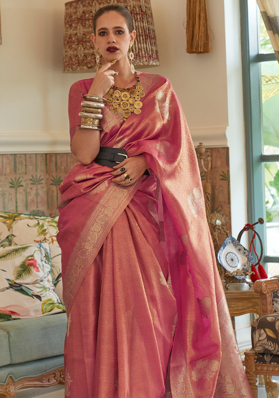 Buy MySilkLove Copper Pink Woven Banarasi Satin Tissue Silk Saree Online