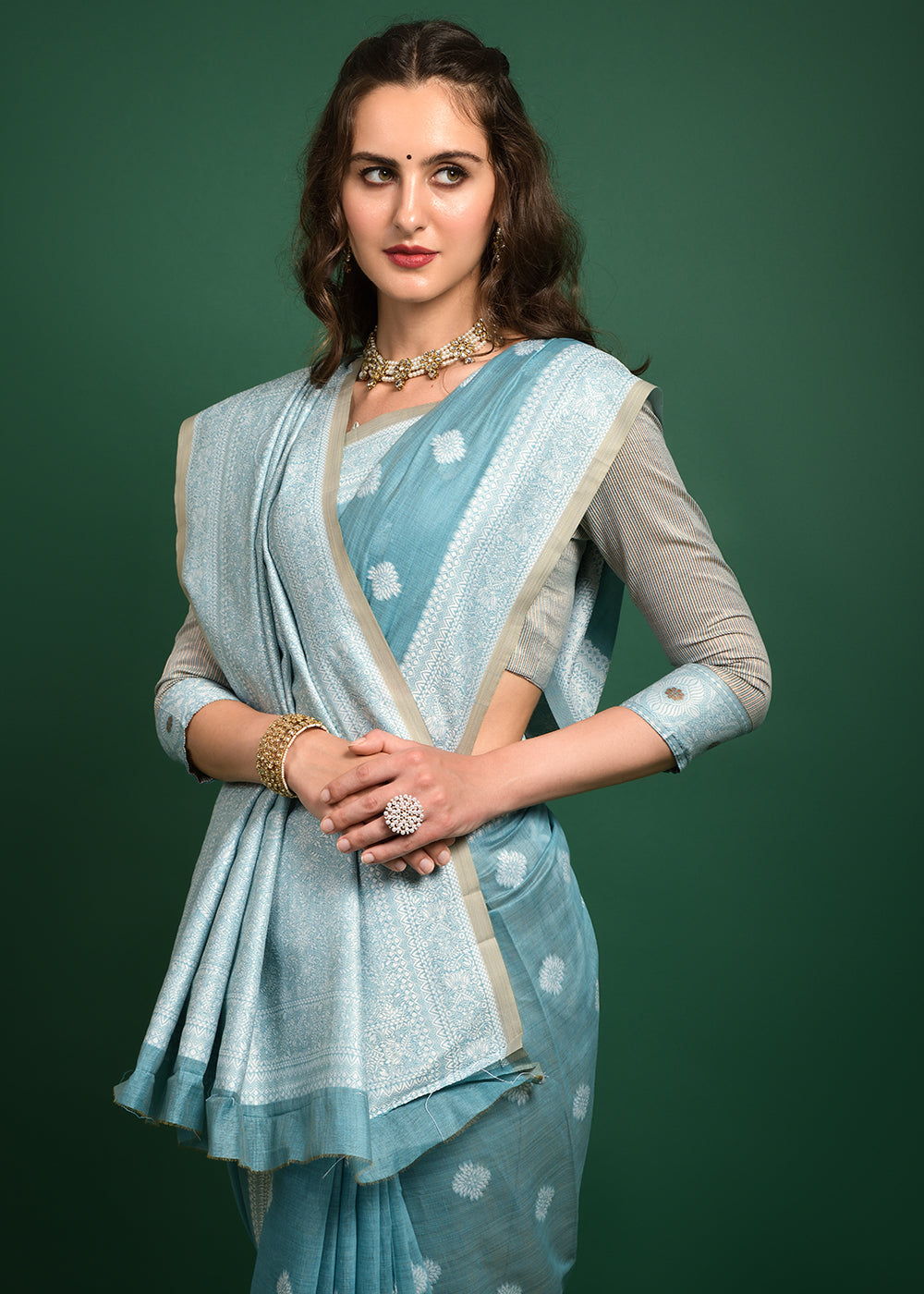 Buy MySilkLove Opal Blue Chikankari Chanderi Cotton Woven Saree Online