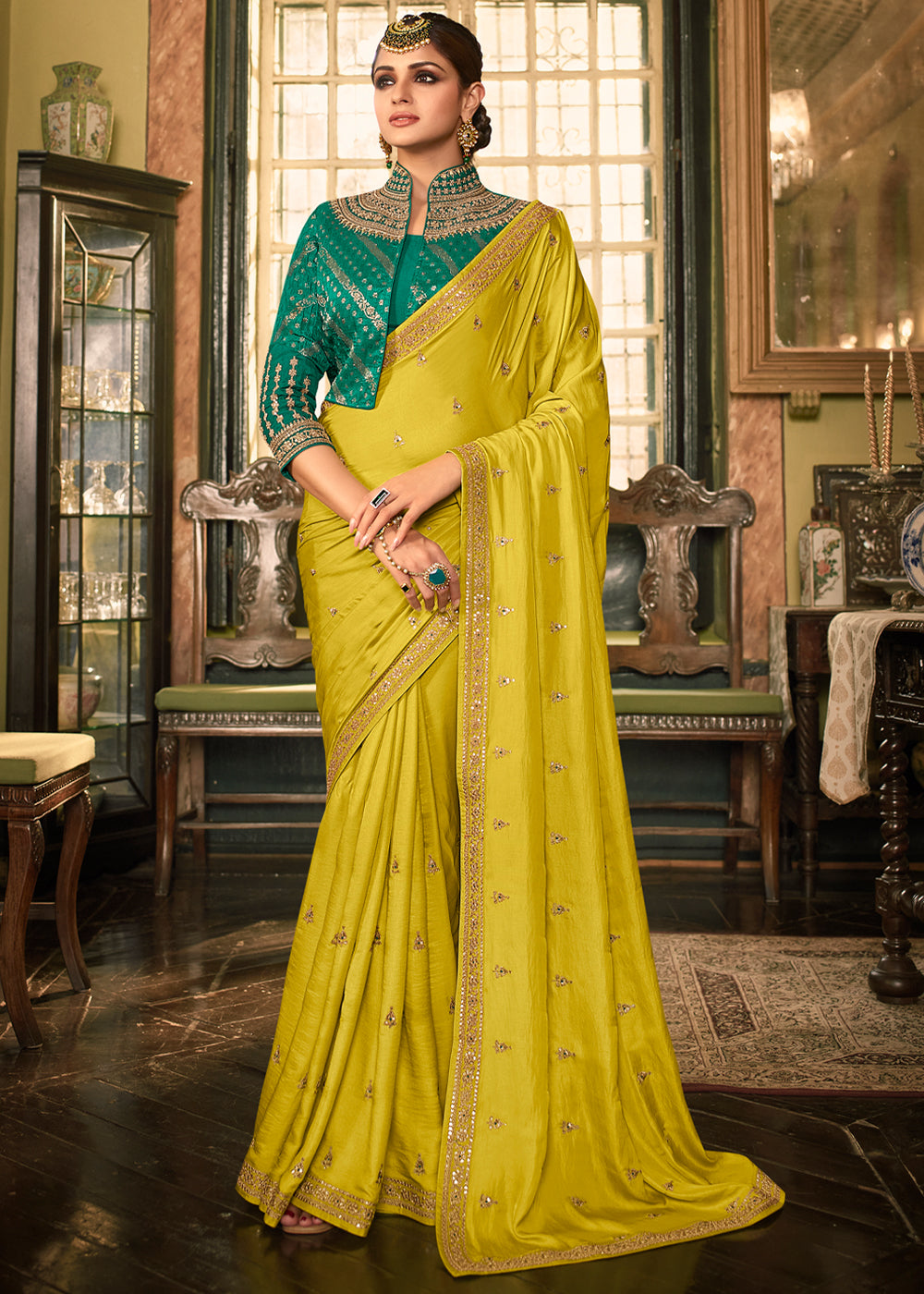 Buy MySilkLove Pear Yellow Designer Embroidered Silk Saree Online