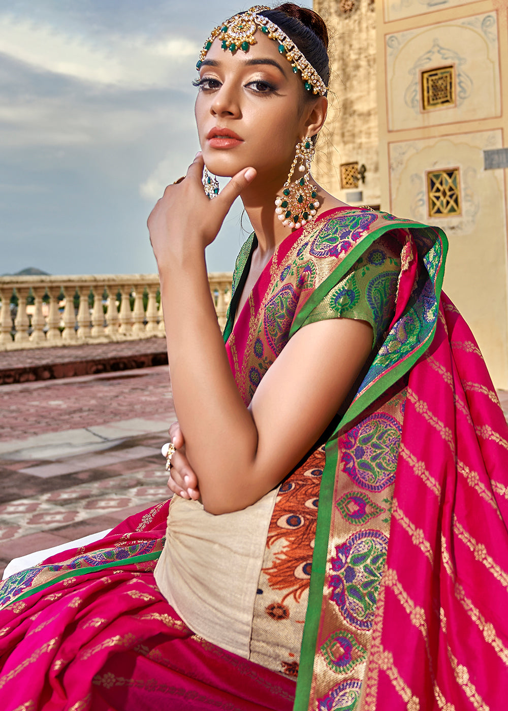 Buy MySilkLove Carmine Pink and Green Woven Soft Silk Saree Online