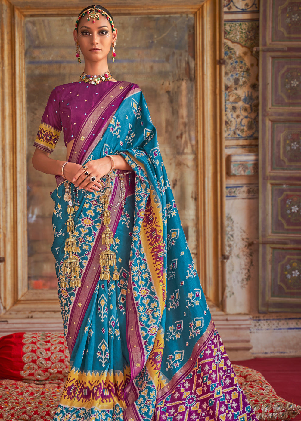 Buy MySilkLove Boston Blue and Purple Woven Patola Silk Saree Online