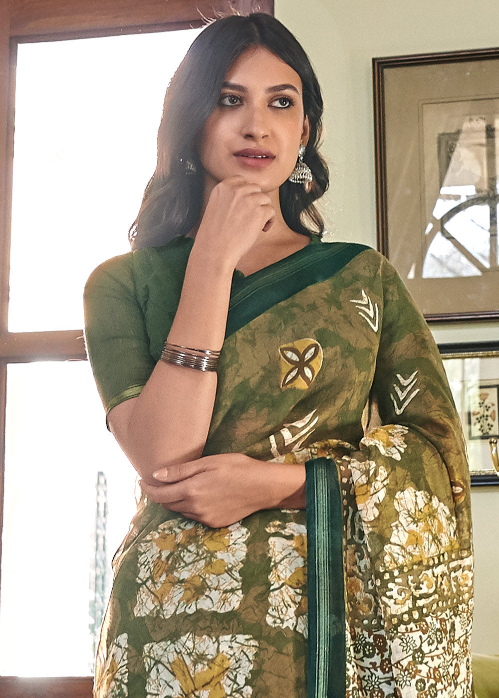 Buy MySilkLove Axolotl Green Cotton Linen Batik Printed Saree Online