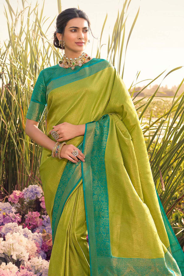 Buy MySilkLove Fern Frond Green and Blue Woven Kanjivaram saree Online