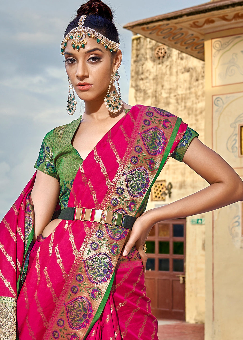 Buy MySilkLove Carmine Pink and Green Woven Soft Silk Saree Online