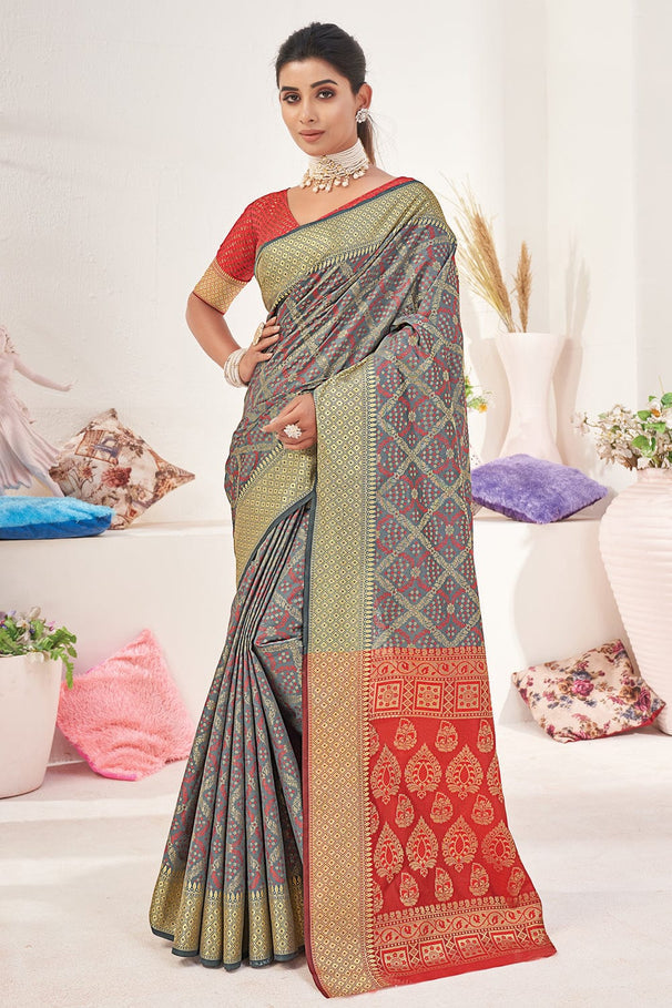 Buy MySilkLove Olive Grey and Red Zari Woven Patola Saree Online