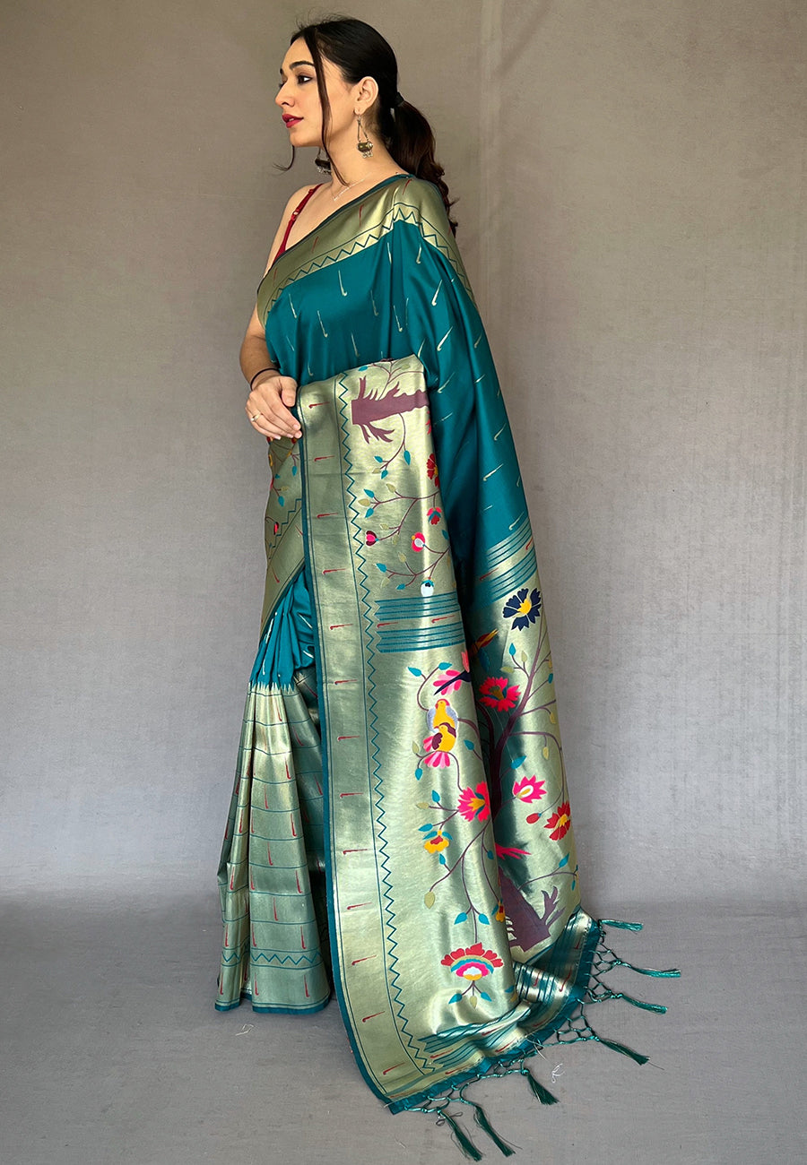 Buy MySilkLove Metallic Seaweed Blue Woven Paithani Silk Saree Online