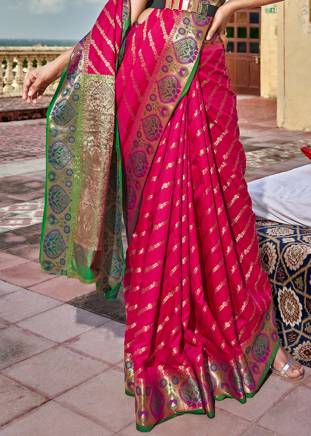 Buy MySilkLove Carmine Pink and Green Woven Soft Silk Saree Online