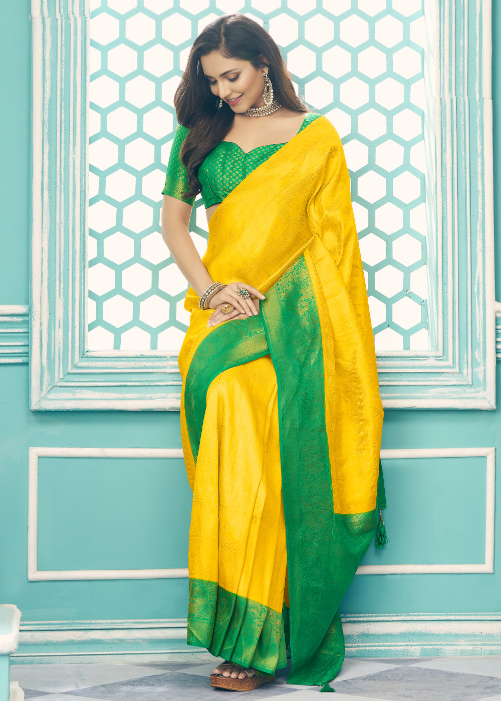 MySilkLove Sunglow Yellow and Green Kanjivaram Saree