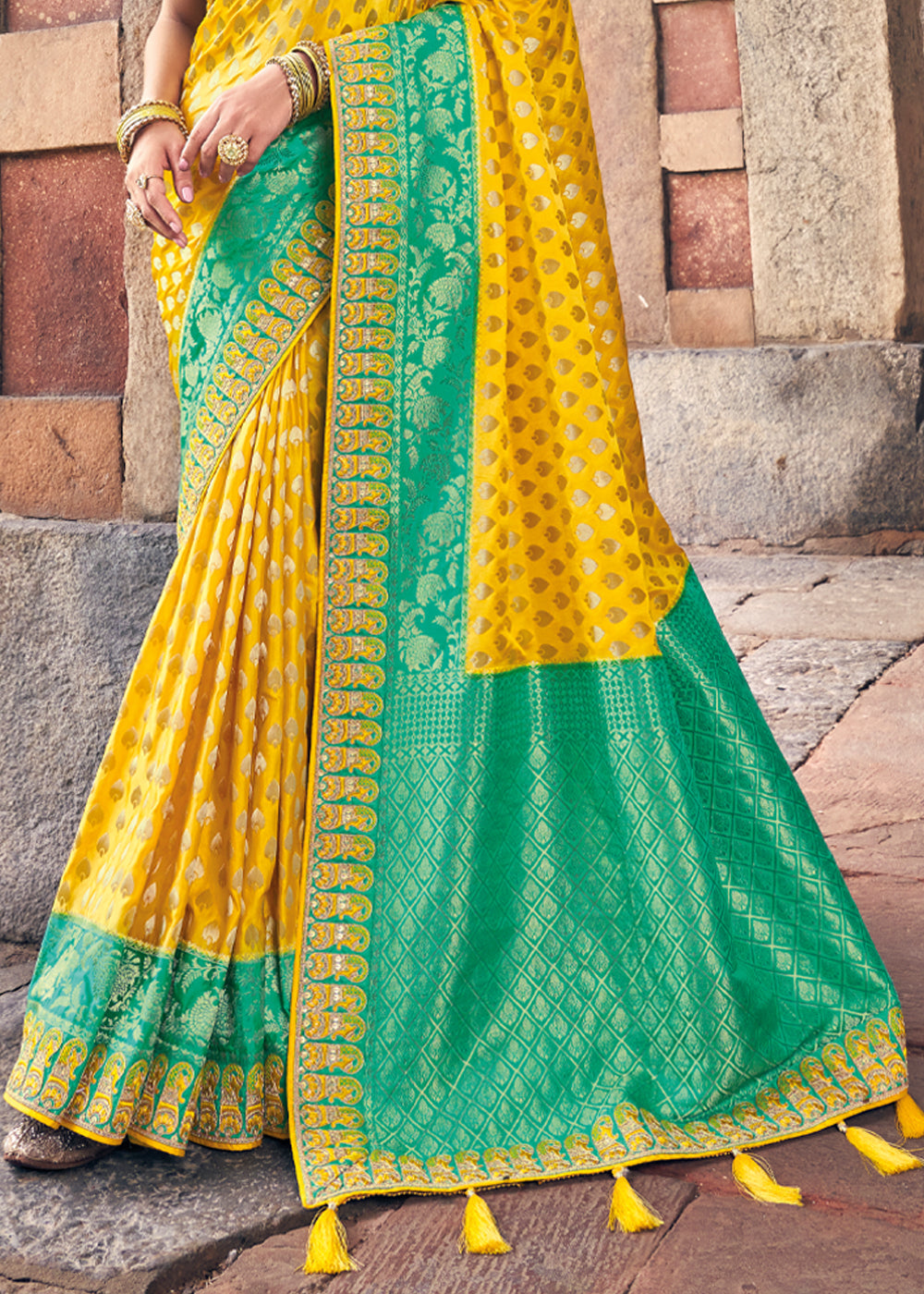 Buy MySilkLove Mustard Yellow and Green Zari Woven Designer Banarasi Saree Online