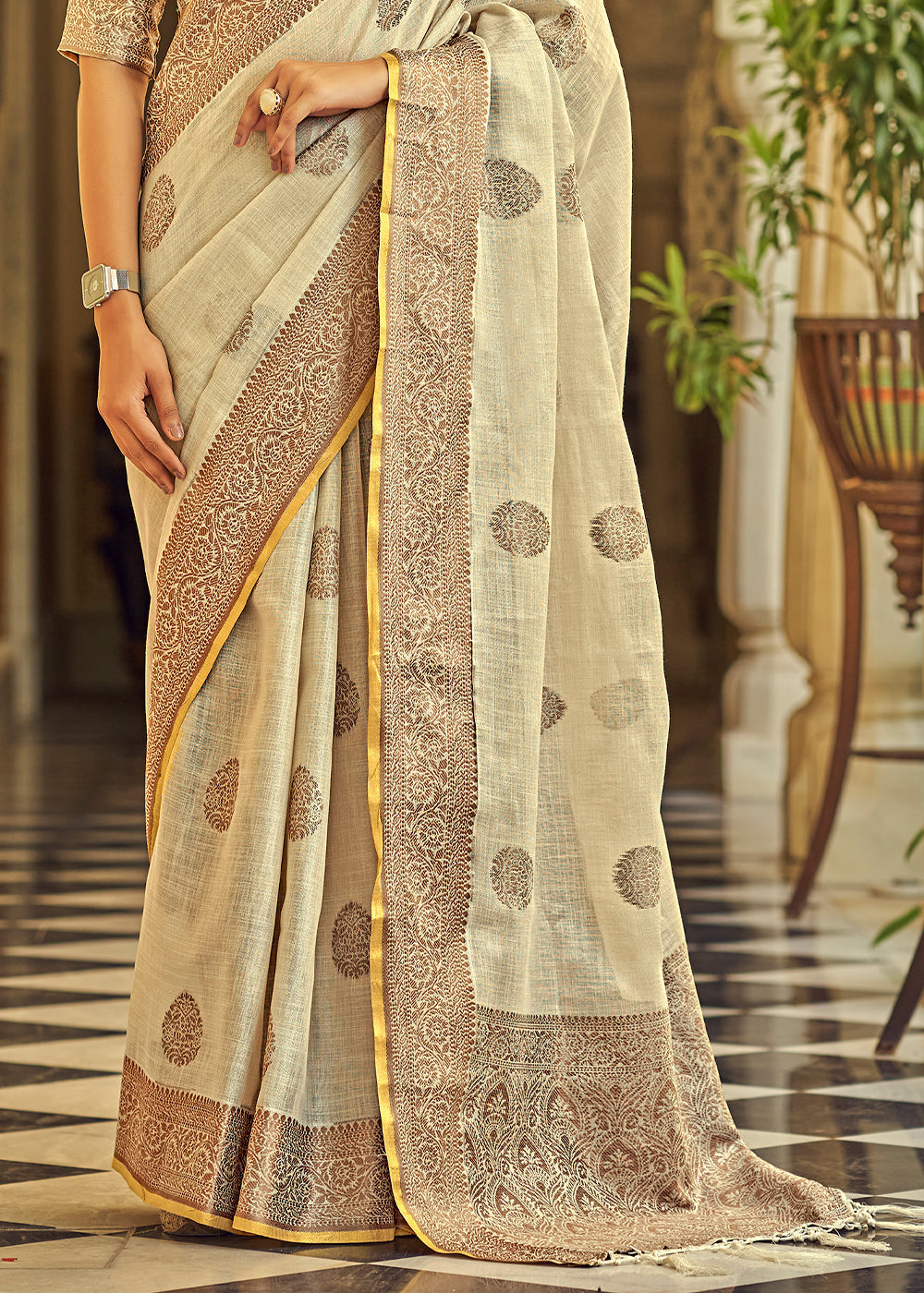 Buy MySilkLove Sand Brown Linen Silk Saree Online