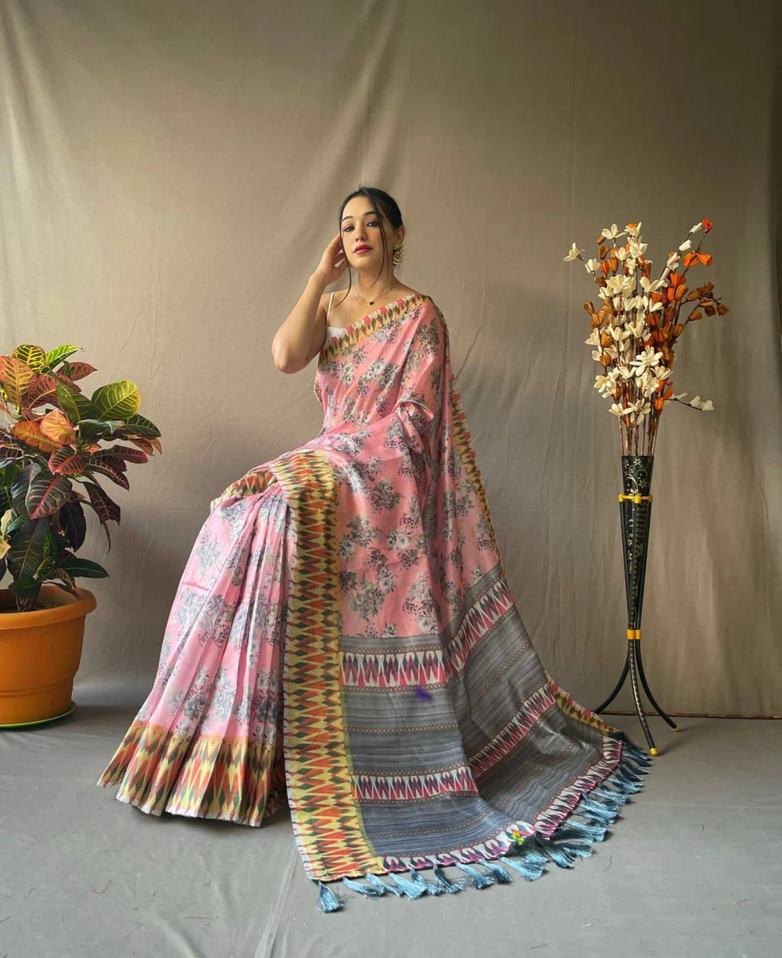 Buy MySilkLove Tonys Pink Soft Linen Cotton Saree Online