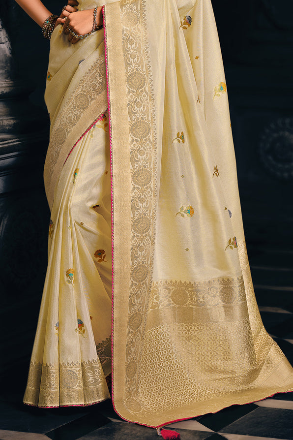 Buy MySilkLove Akaroa Cream Zari Woven Banarasi Saree Online