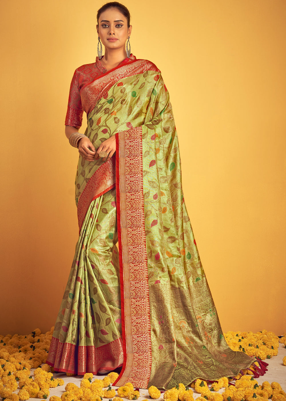 Buy MySilkLove Tacha Green Woven Banarasi Brocade Silk Saree Online